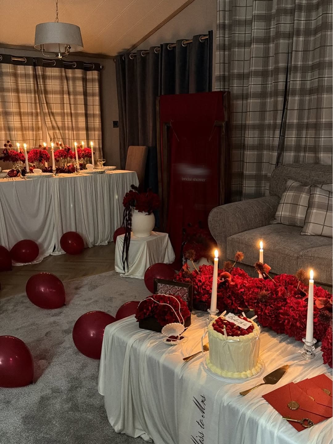 Photo by The Tablescapers | Events Décor | Creative Catering on February 14, 2026. May be an image of candle holder, balloon, tablecloth, cake, candle, curtains and text.